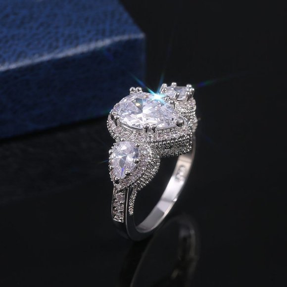 NEW Silver Teardrop Diamond Halo Wedding Ring - Picture 4 of 6